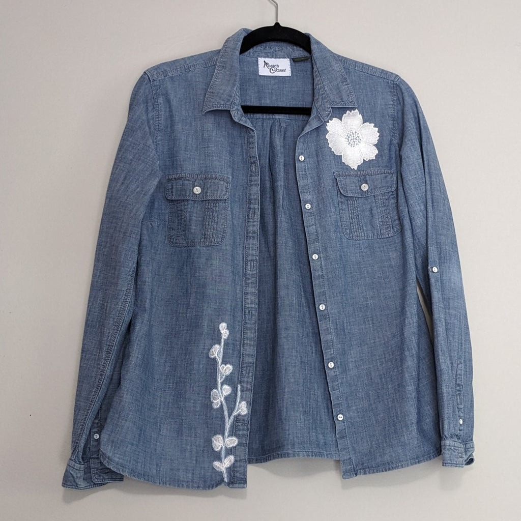 Jean shirt with white floral and antique buttons.