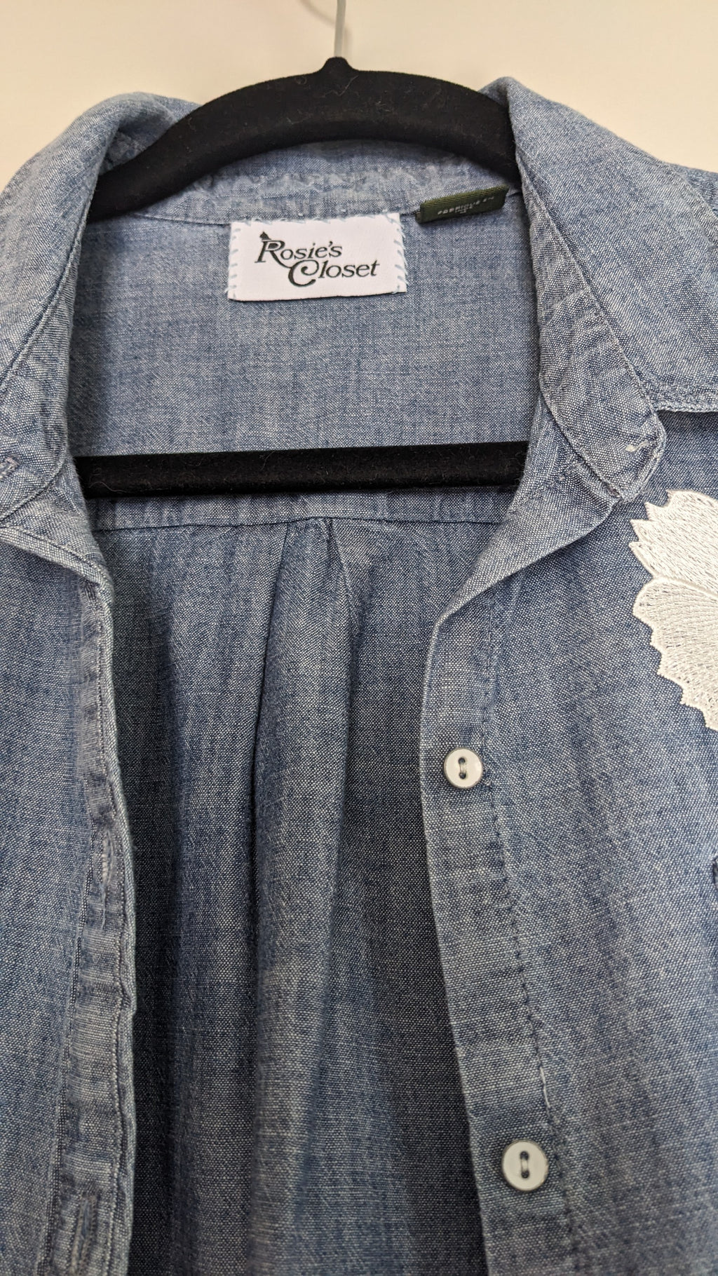 Jean shirt with white floral and antique buttons.