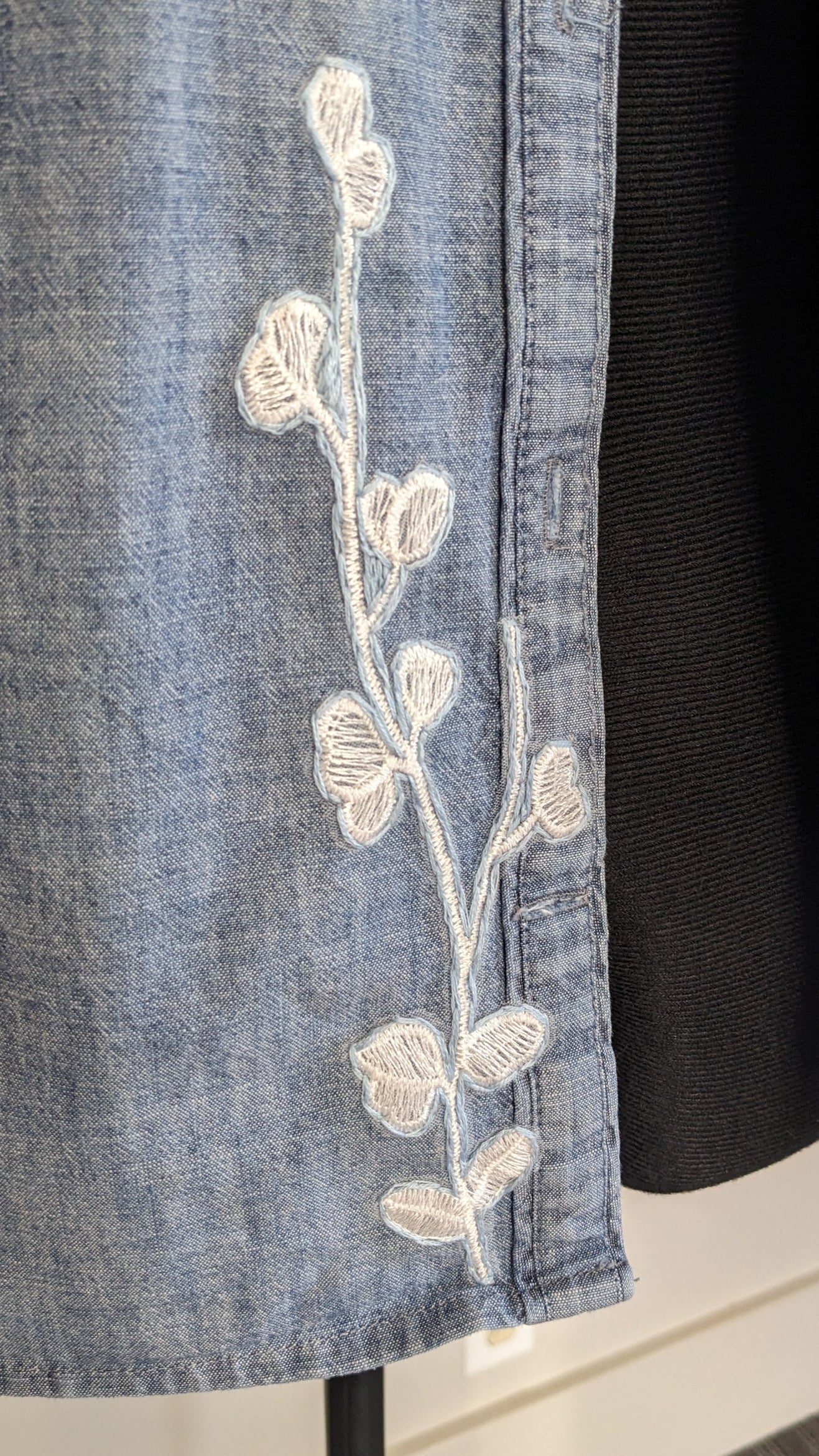 Jean shirt with white floral and antique buttons.