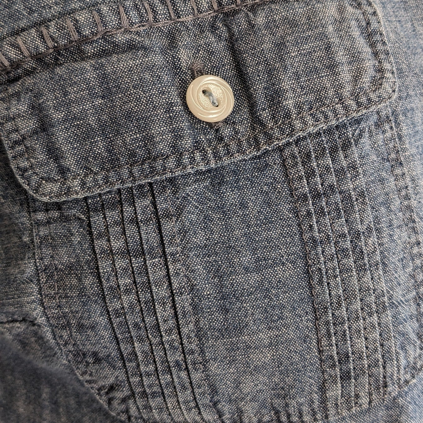Jean shirt with white floral and antique buttons.