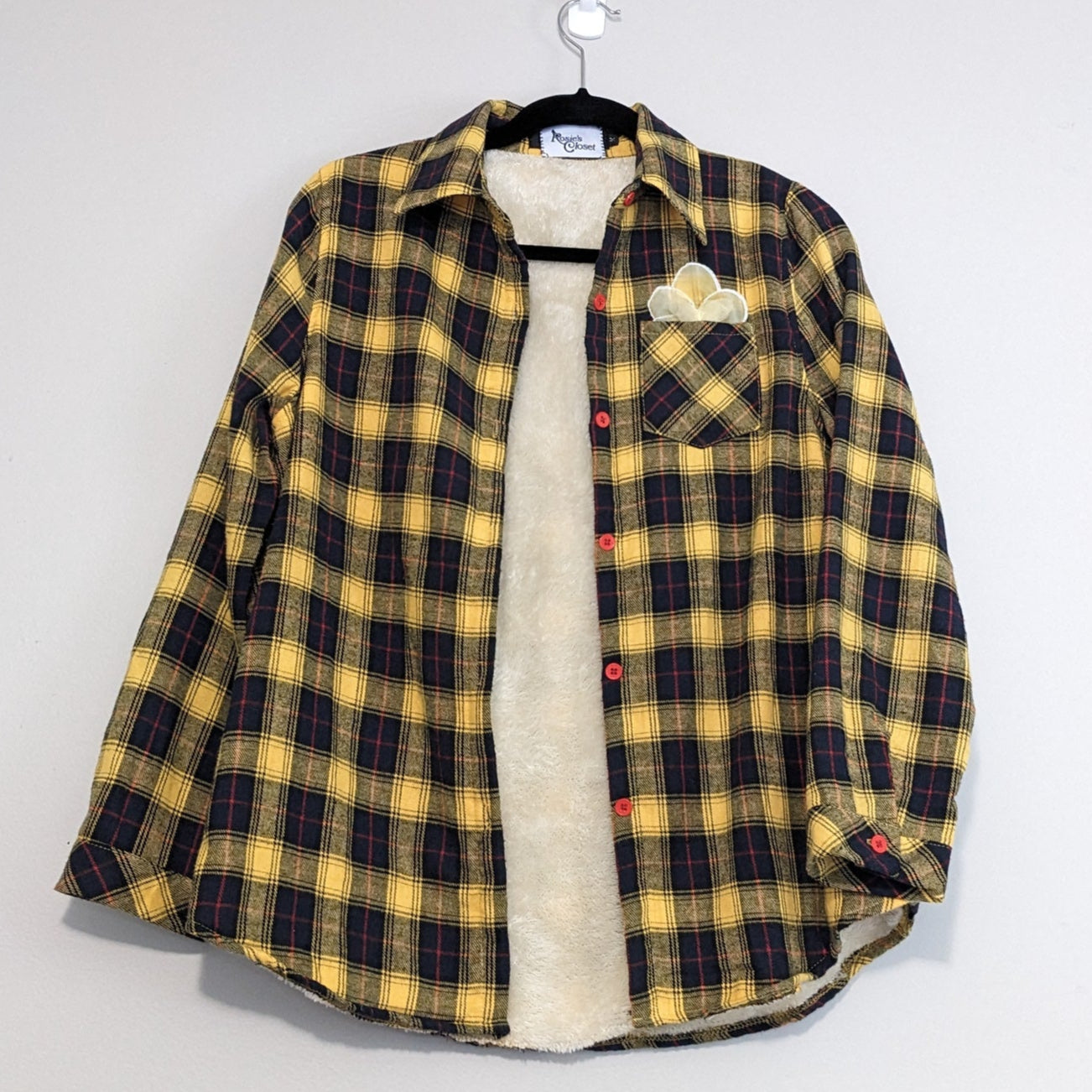 Yellow fuzzy flannel with floral accent and antique buttons