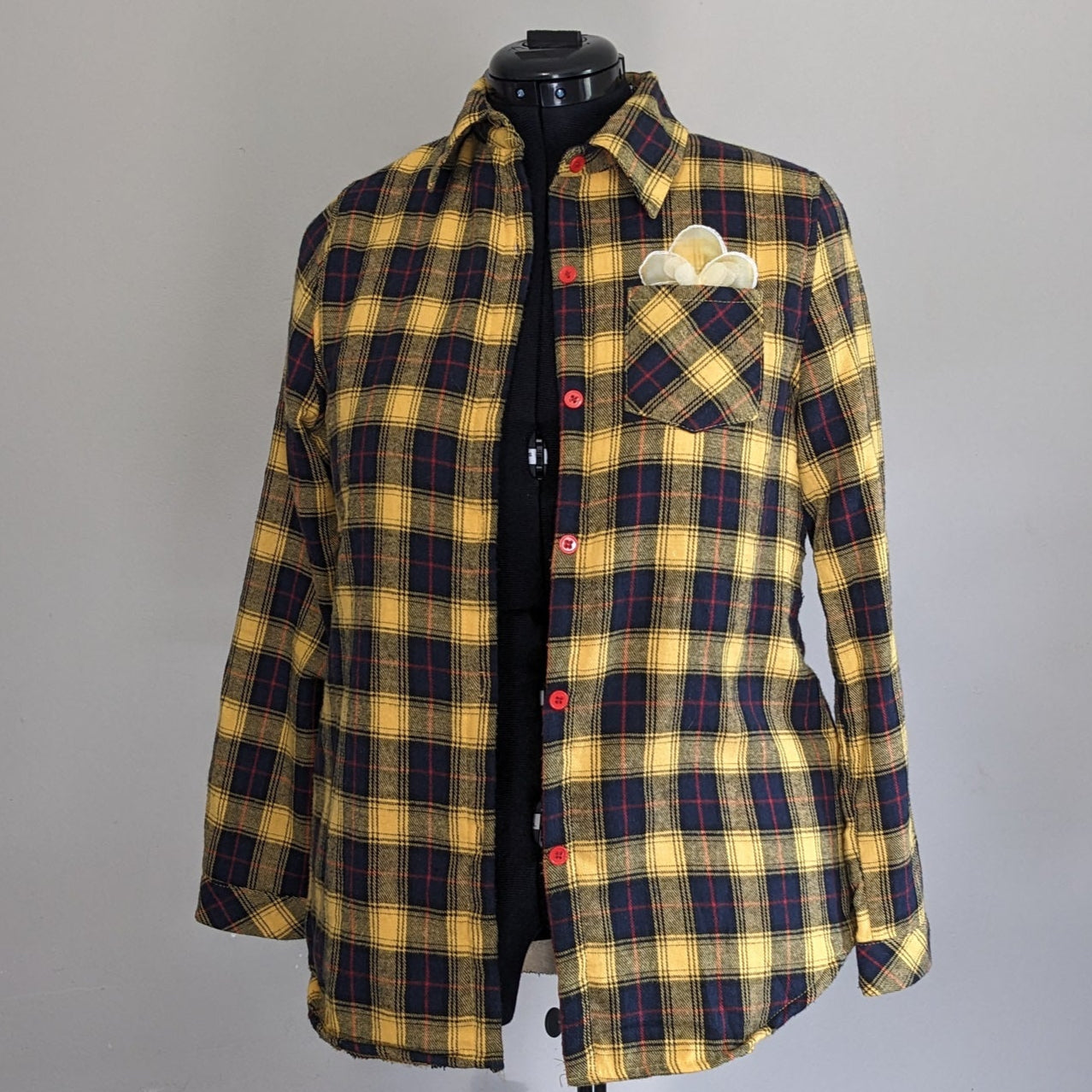Yellow fuzzy flannel with floral accent and antique buttons