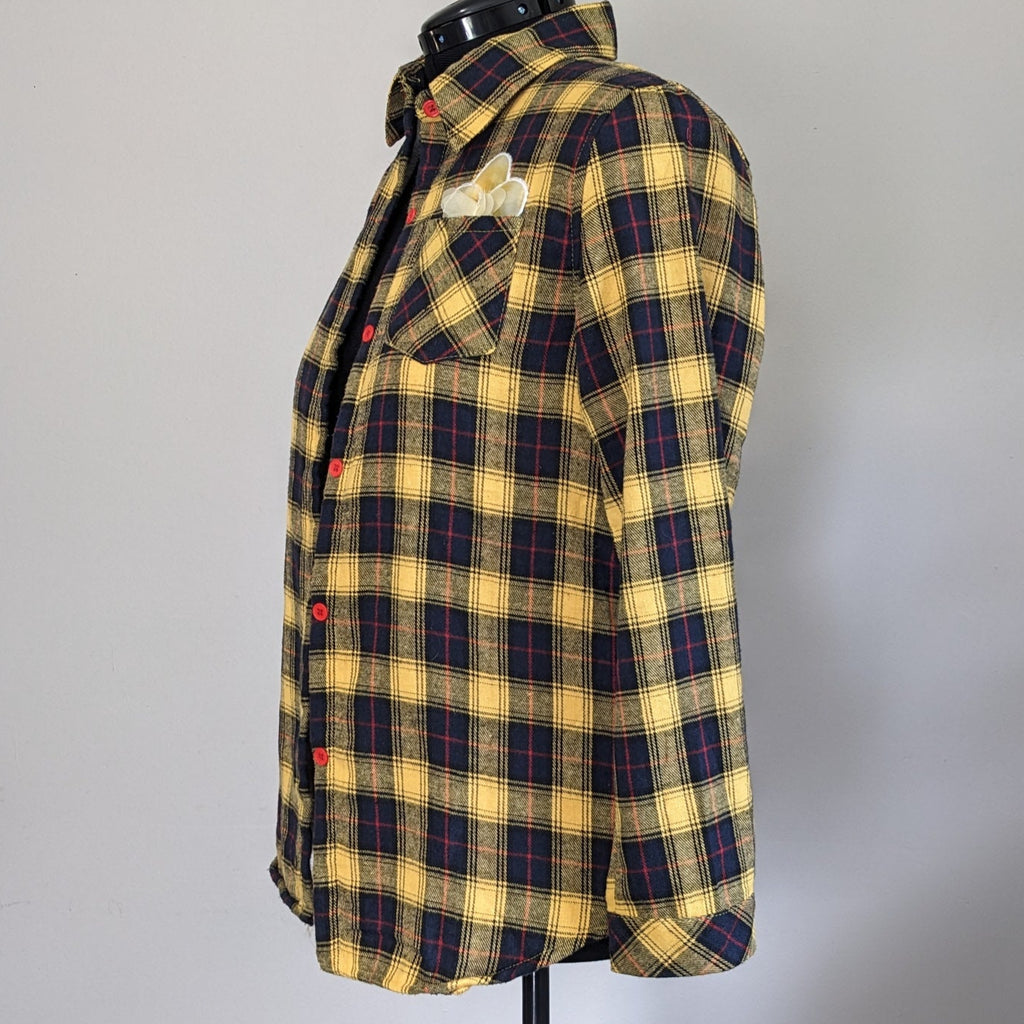 Yellow fuzzy flannel with floral accent and antique buttons