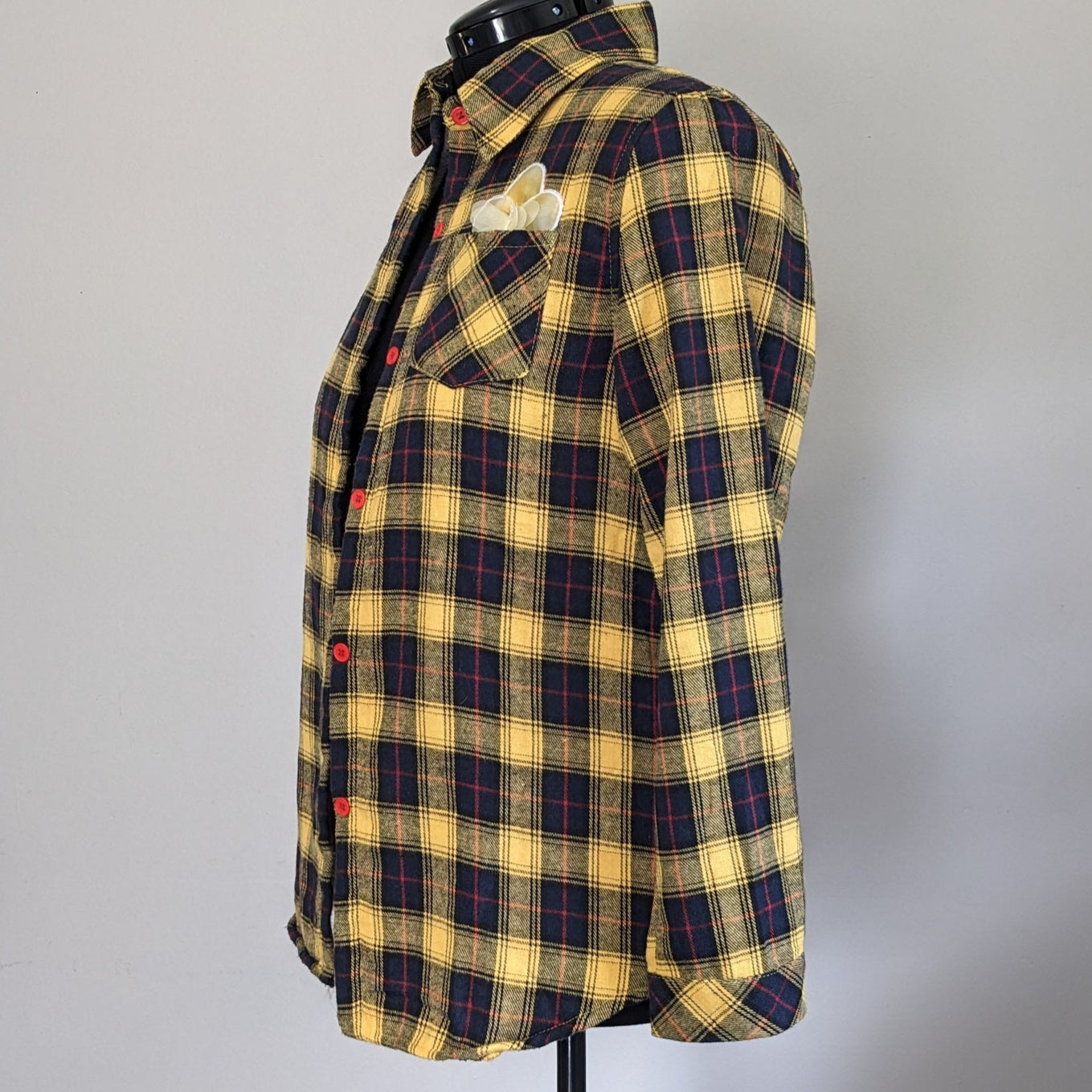 Yellow fuzzy flannel with floral accent and antique buttons
