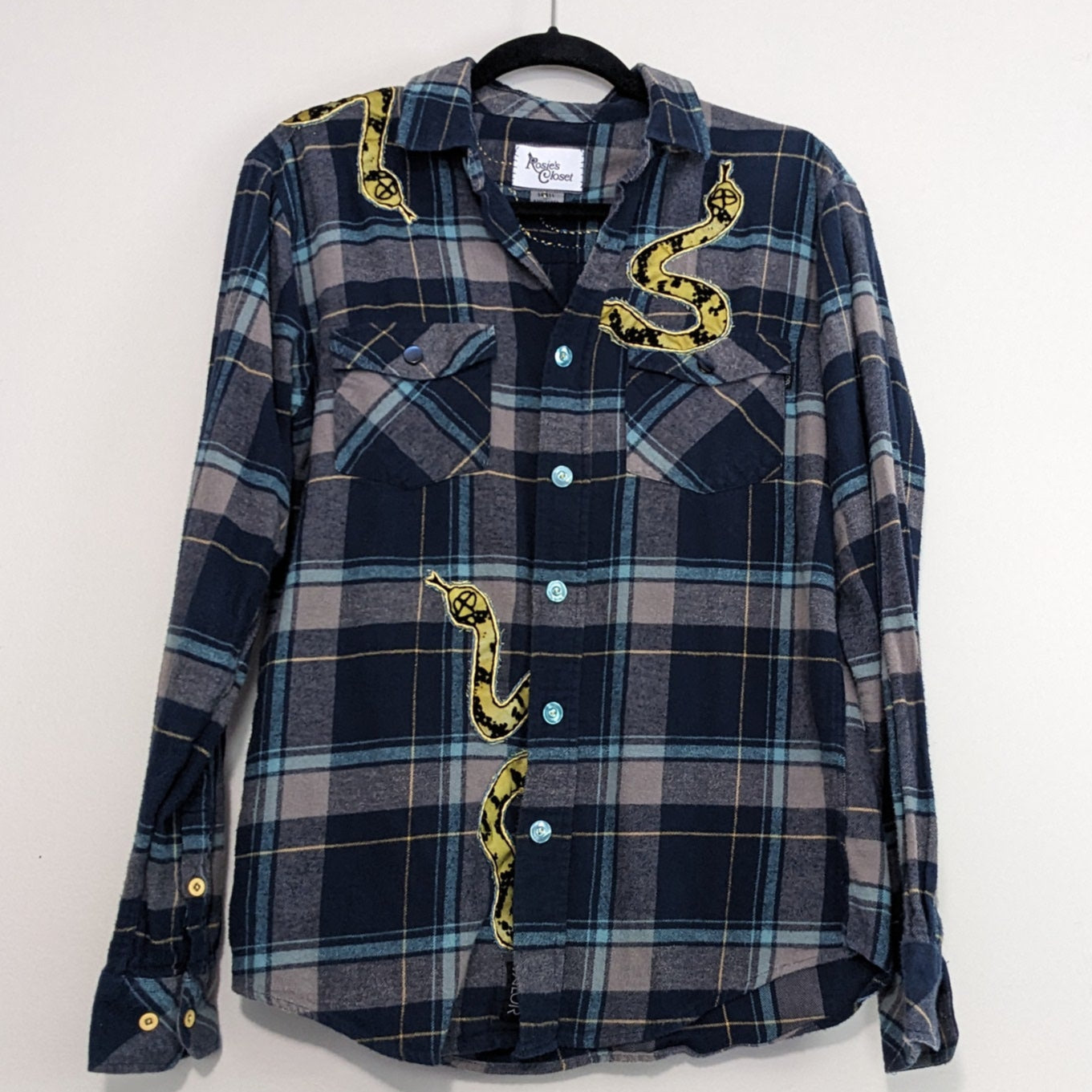 Navy button-up flannel with snakes and antique buttons