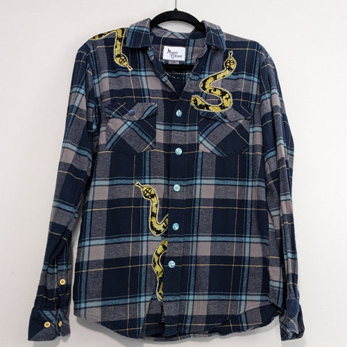 Navy button-up flannel with snakes and antique buttons