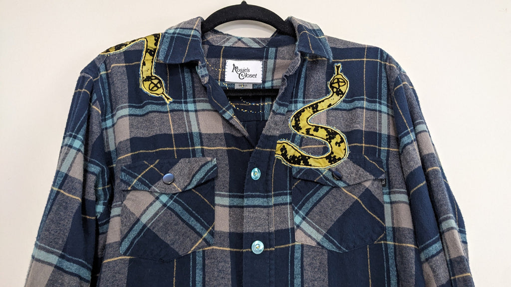 Navy button-up flannel with snakes and antique buttons