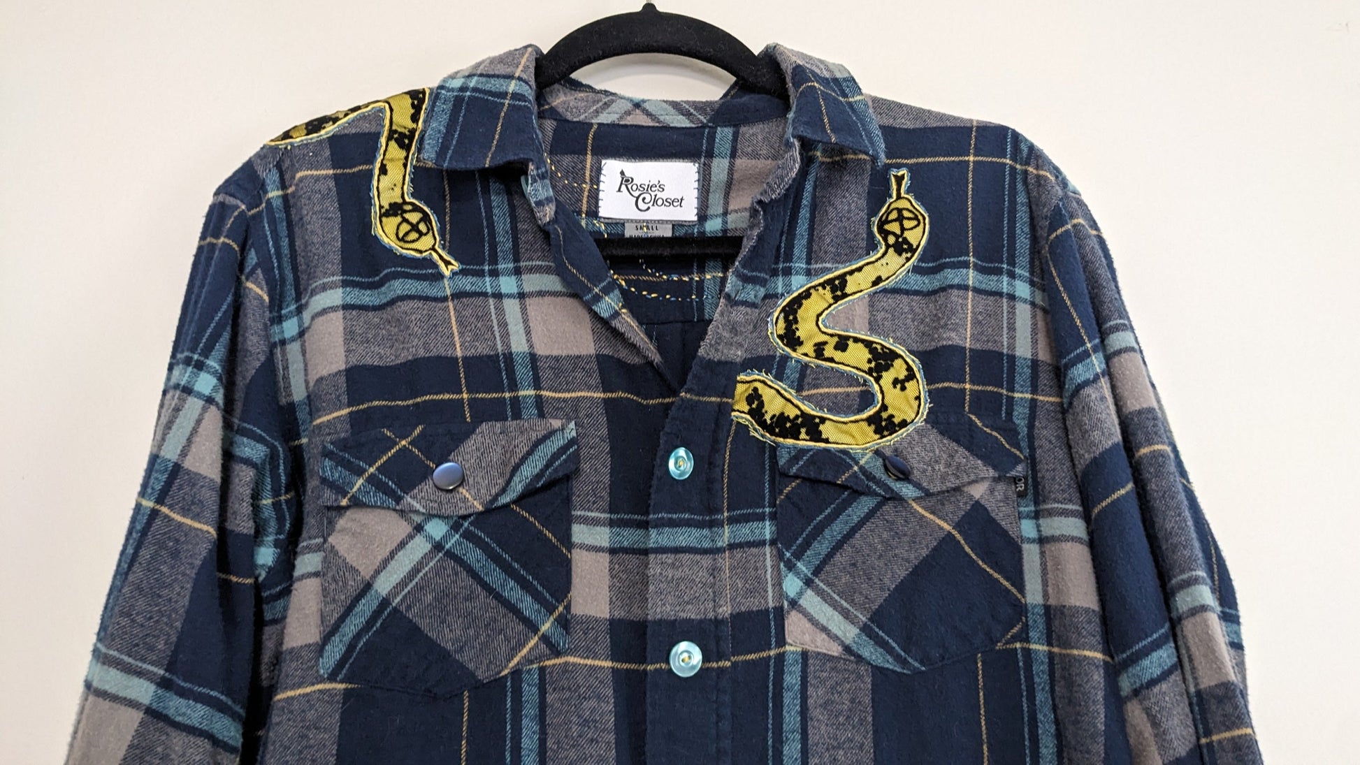 Navy button-up flannel with snakes and antique buttons