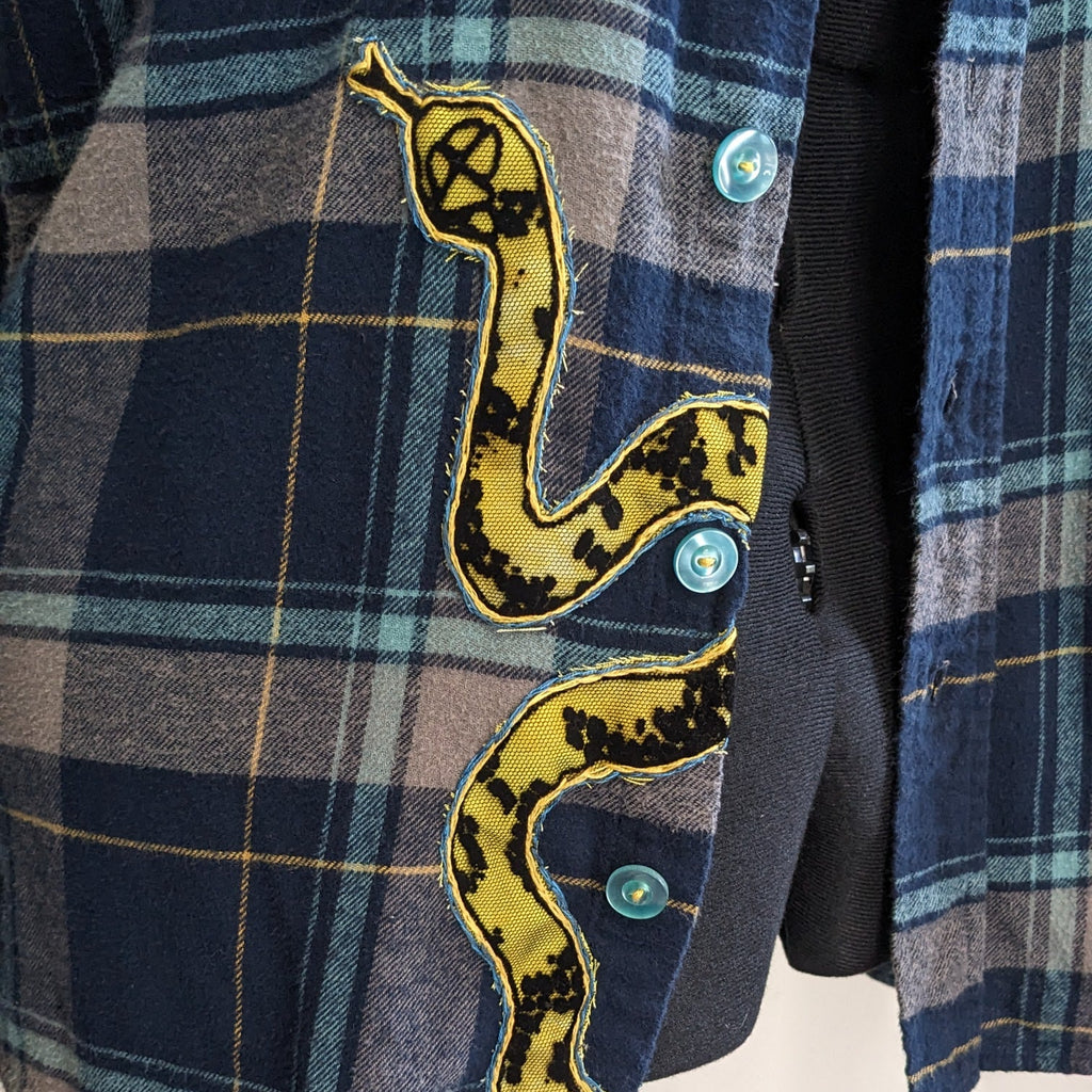 Navy button-up flannel with snakes and antique buttons
