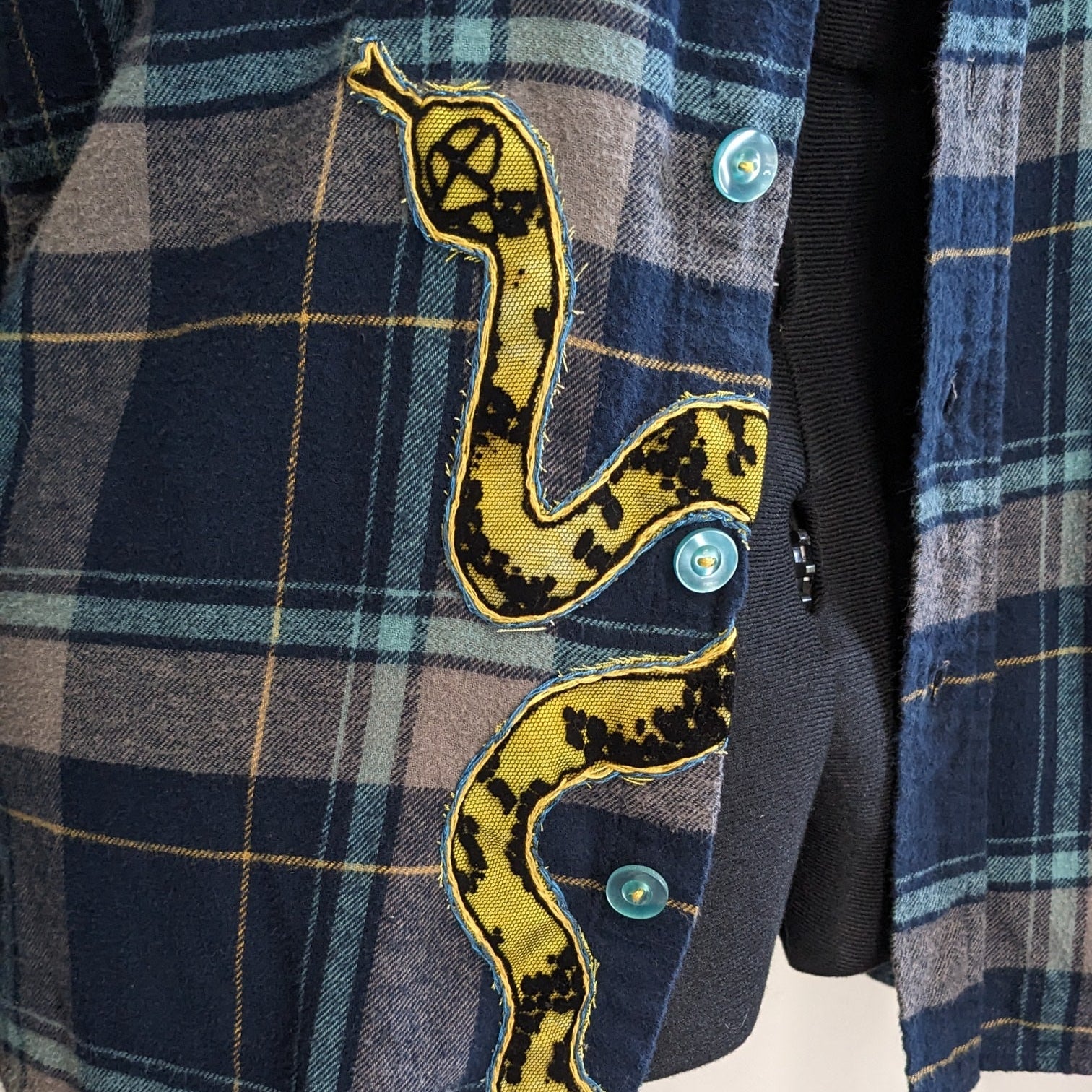 Navy button-up flannel with snakes and antique buttons