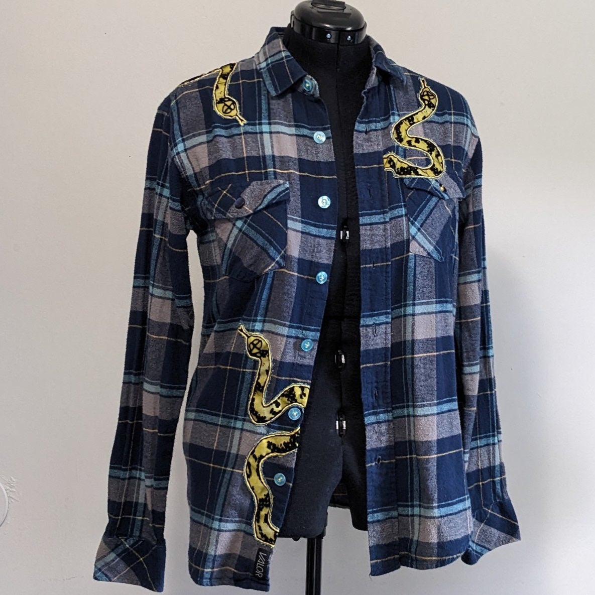 Navy button-up flannel with snakes and antique buttons