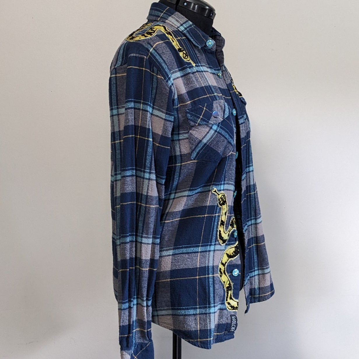 Navy button-up flannel with snakes and antique buttons