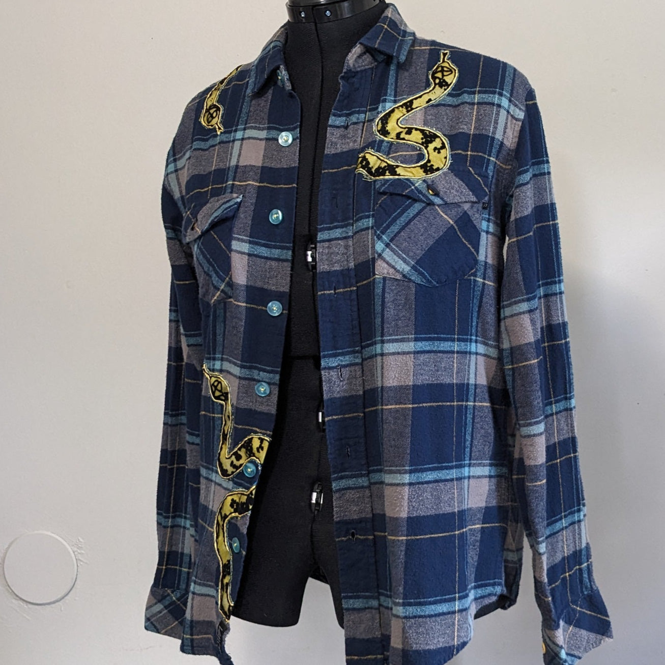 Navy button-up flannel with snakes and antique buttons