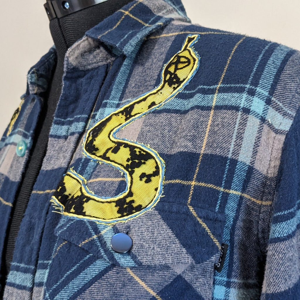 Navy button-up flannel with snakes and antique buttons