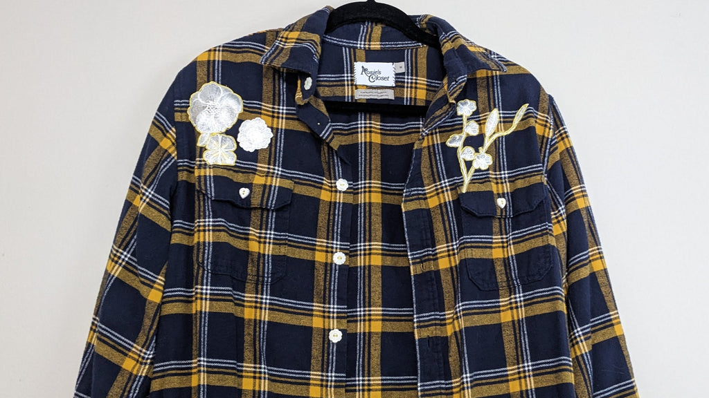Navy flannel with white floral and antique heart buttons