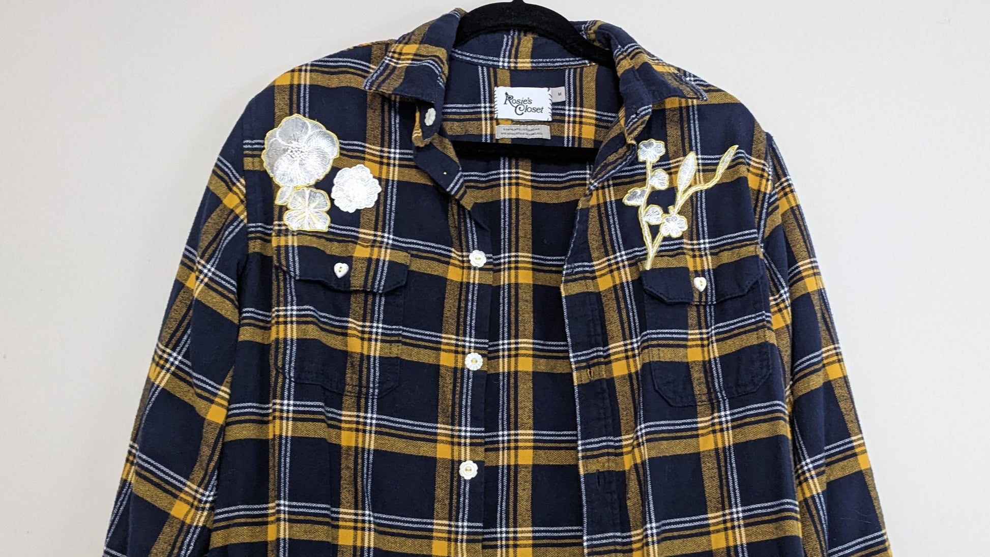 Navy flannel with white floral and antique heart buttons