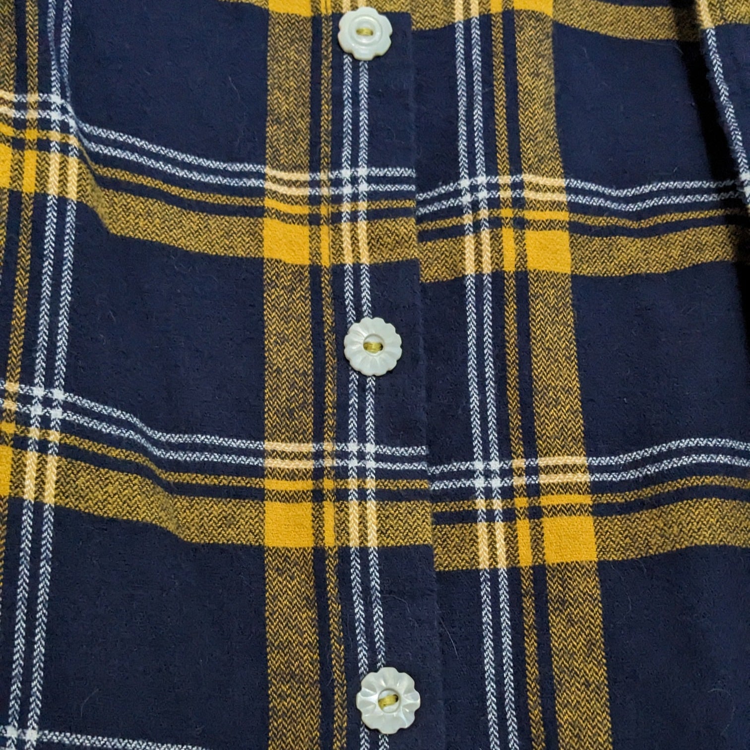Navy flannel with white floral and antique heart buttons