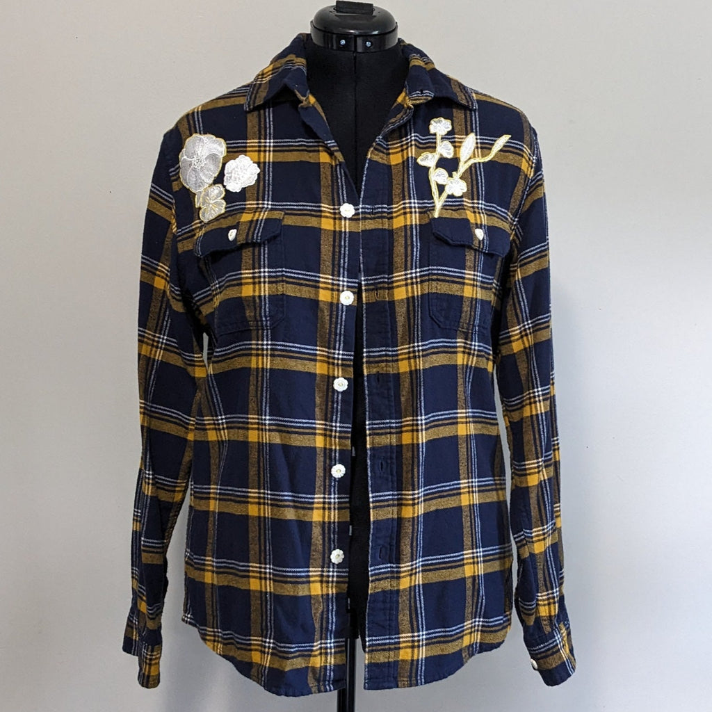 Navy flannel with white floral and antique heart buttons