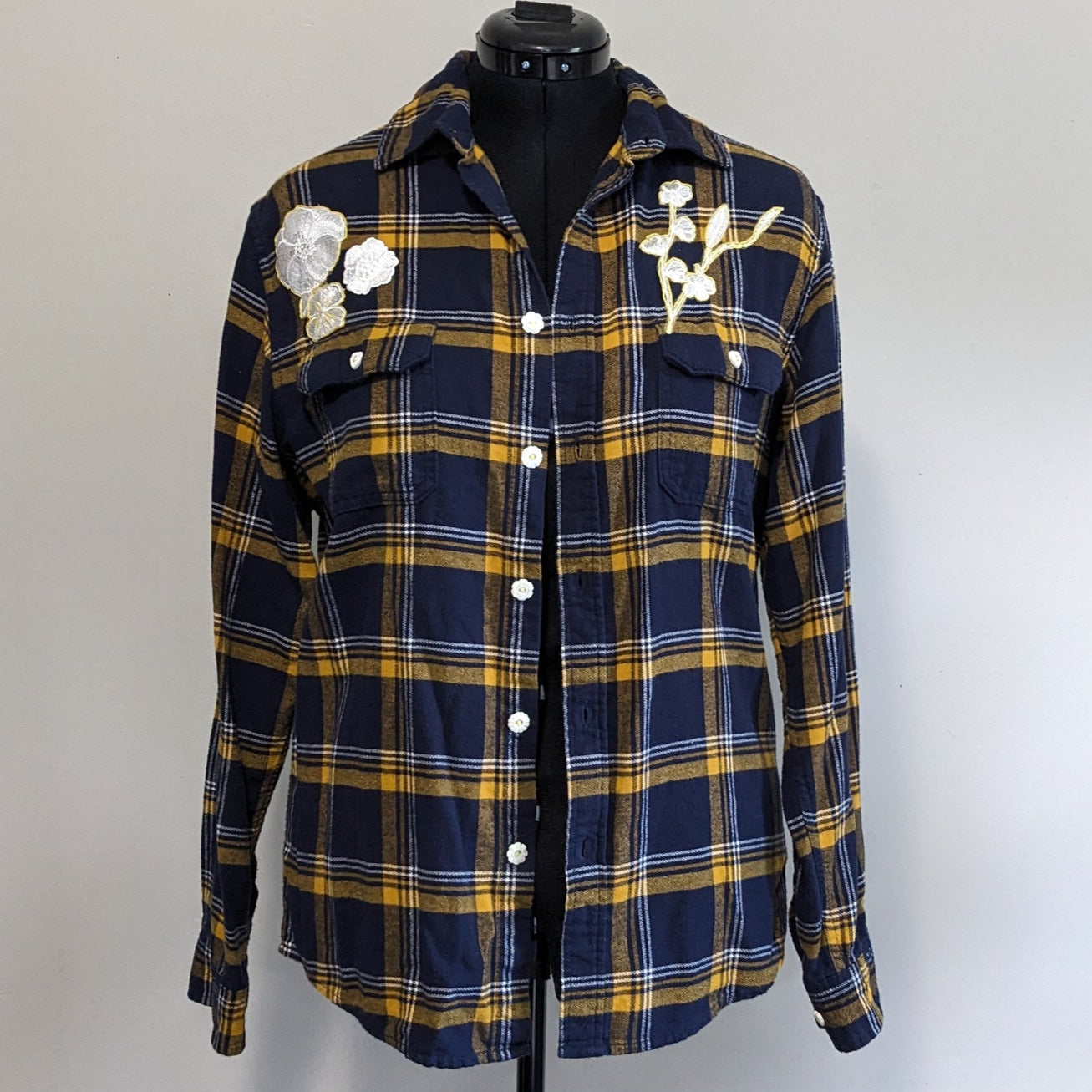 Navy flannel with white floral and antique heart buttons