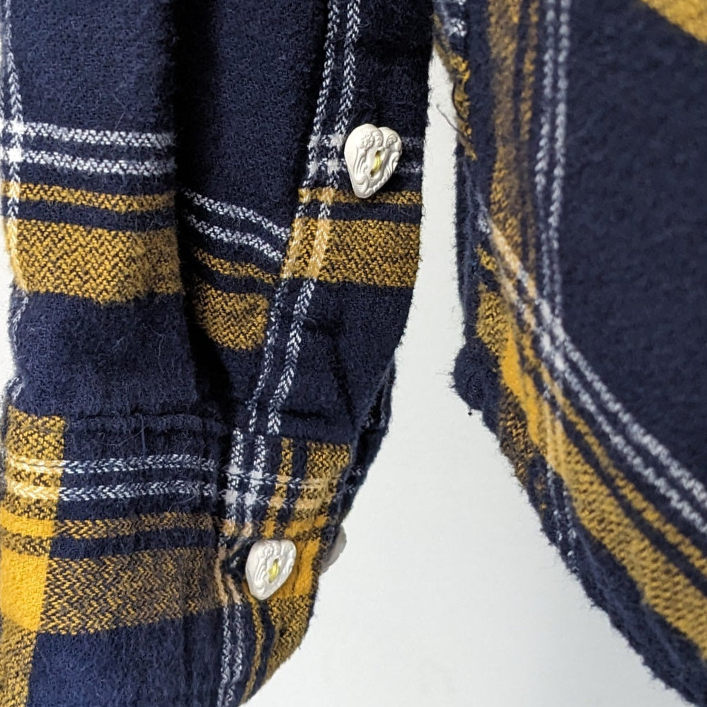 Navy flannel with white floral and antique heart buttons
