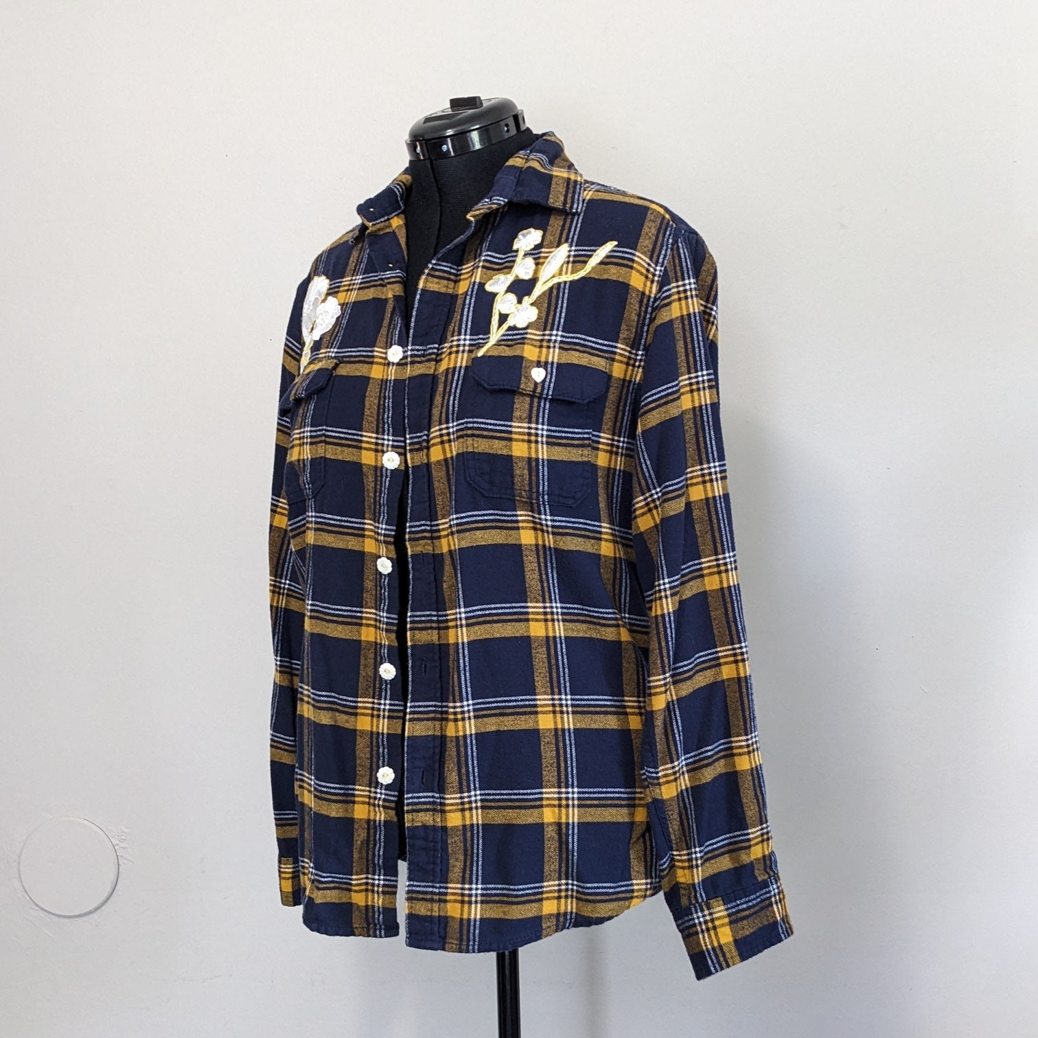 Navy flannel with white floral and antique heart buttons