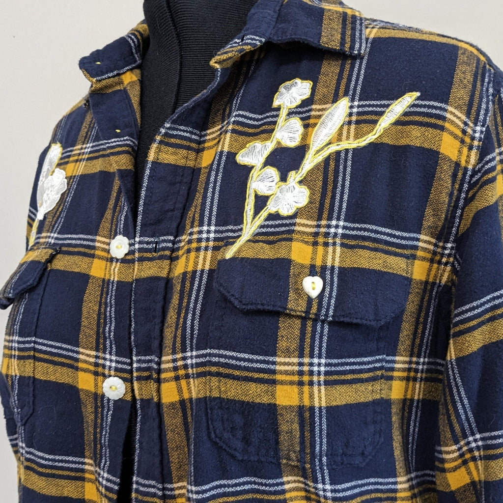 Navy flannel with white floral and antique heart buttons