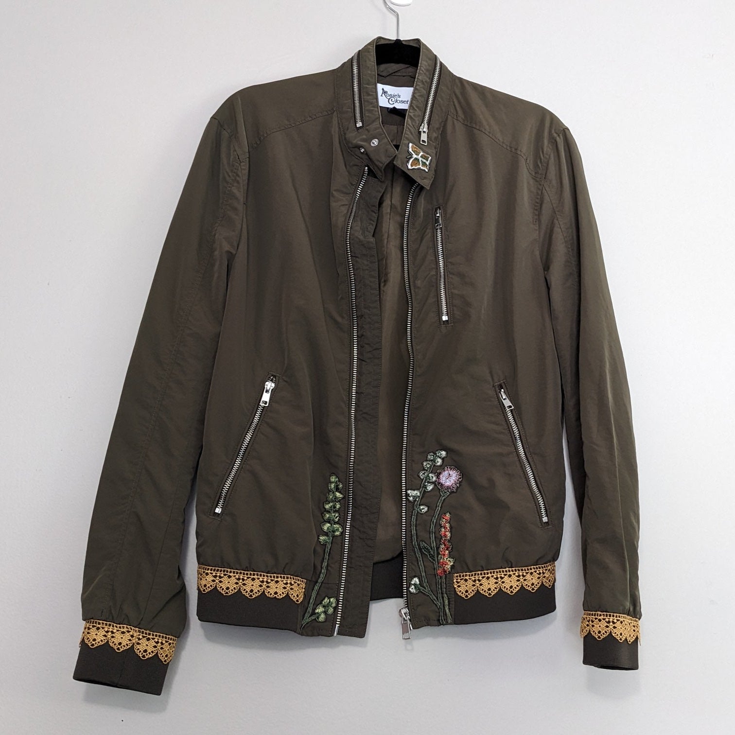 Green zip jacket with lace, floral and butterfly