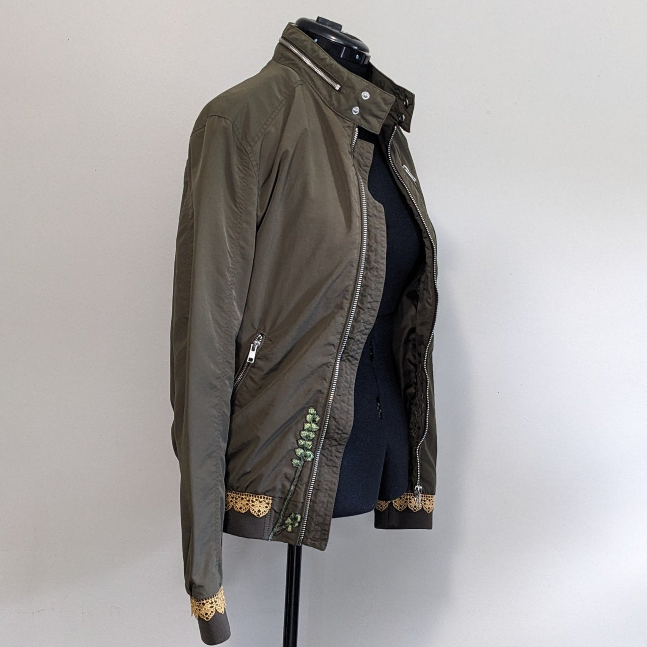 Green zip jacket with lace, floral and butterfly