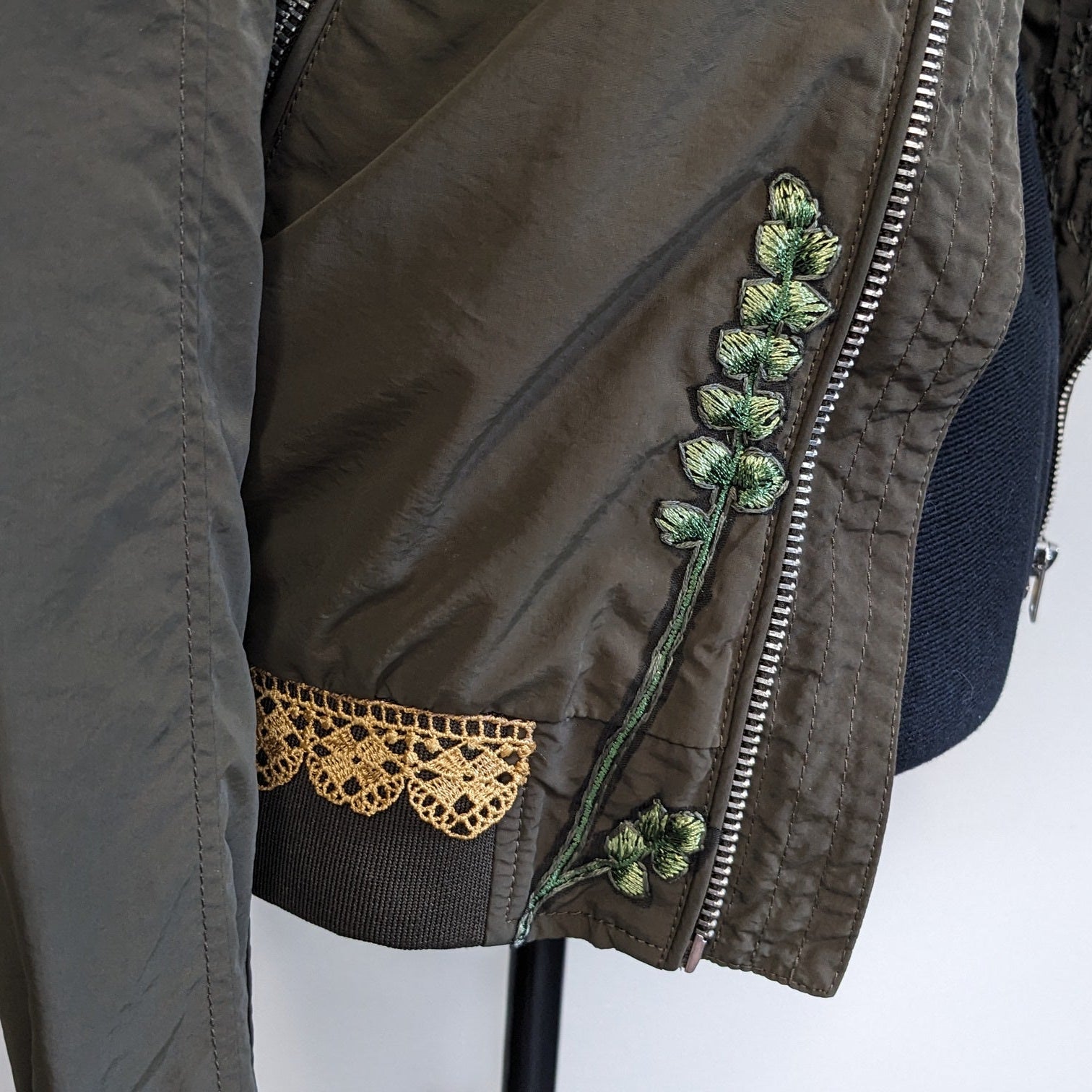 Green zip jacket with lace, floral and butterfly