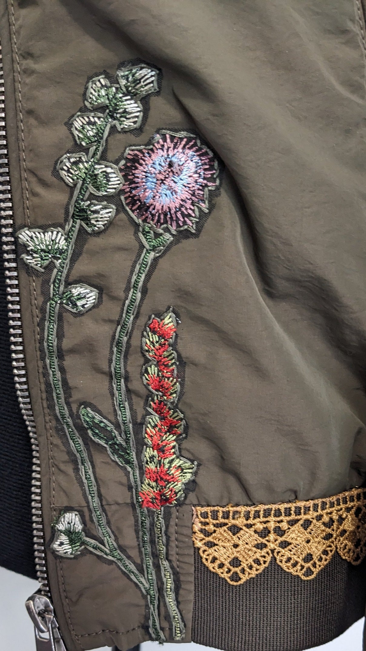 Green zip jacket with lace, floral and butterfly