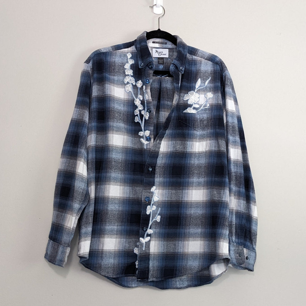 Blue and white flannel with white floral and antique buttons
