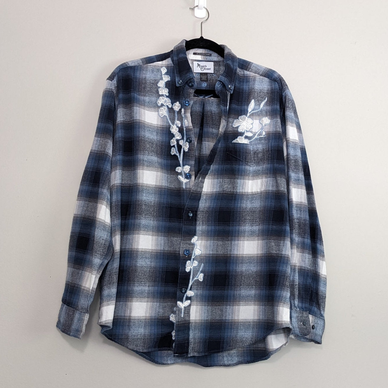 Blue and white flannel with white floral and antique buttons