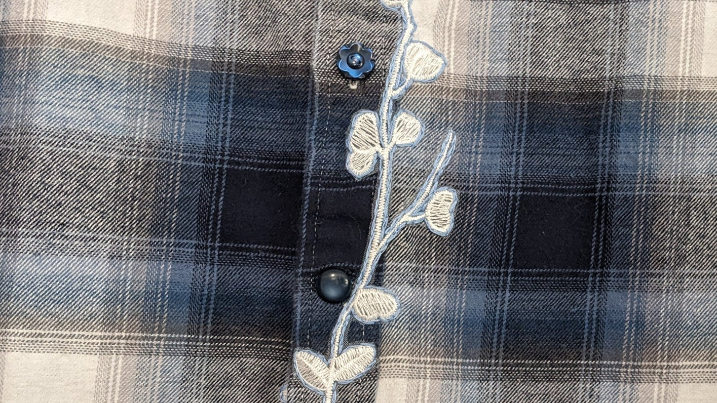 Blue and white flannel with white floral and antique buttons
