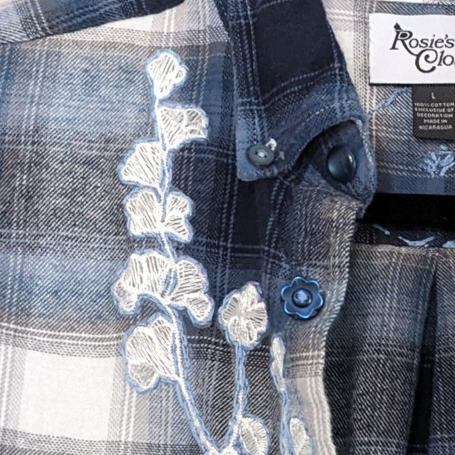 Blue and white flannel with white floral and antique buttons