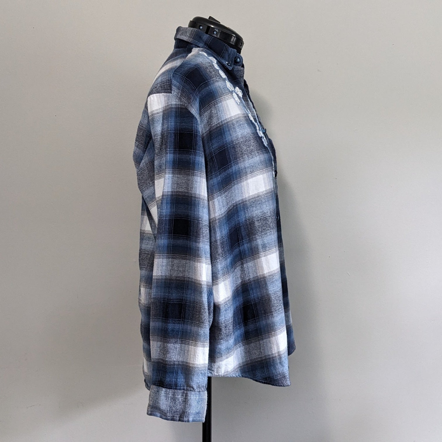 Blue and white flannel with white floral and antique buttons