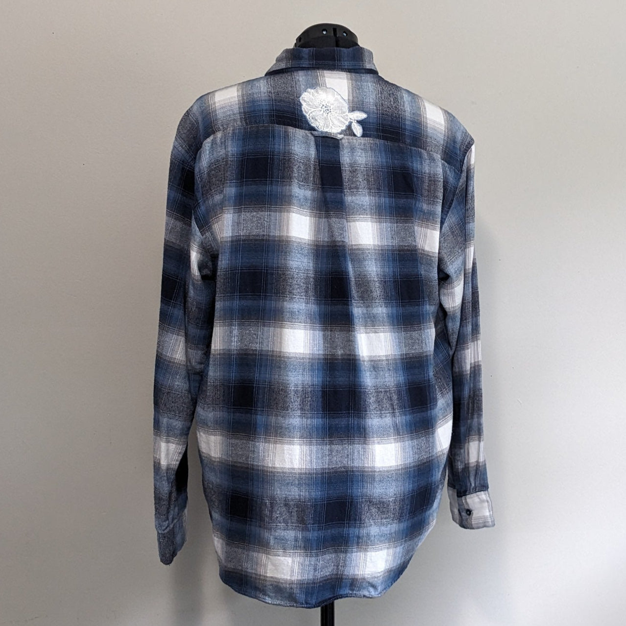 Blue and white flannel with white floral and antique buttons