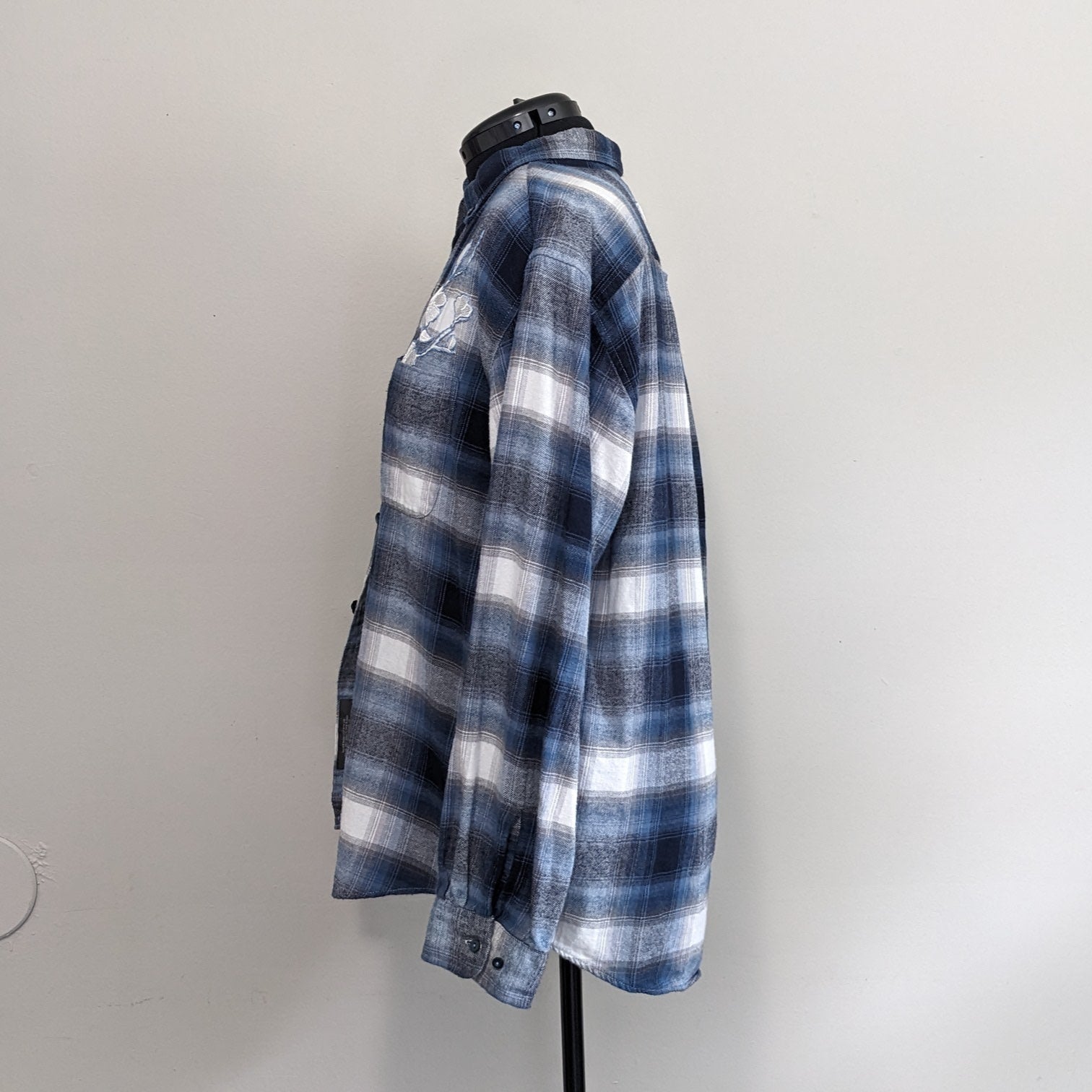 Blue and white flannel with white floral and antique buttons