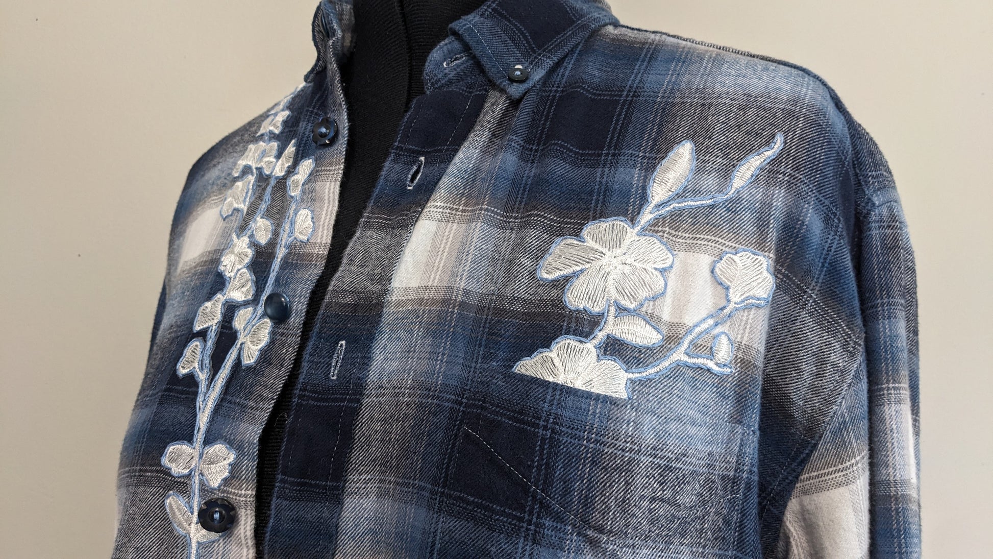 Blue and white flannel with white floral and antique buttons