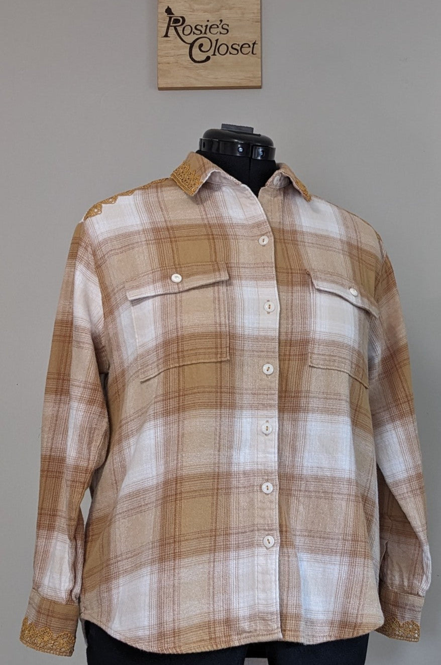 Brown and white plaid button-up shirt with gold lace and antique buttons