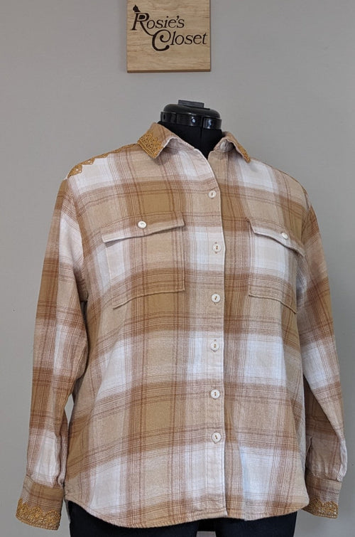 Brown and white plaid button-up shirt with gold lace and antique buttons
