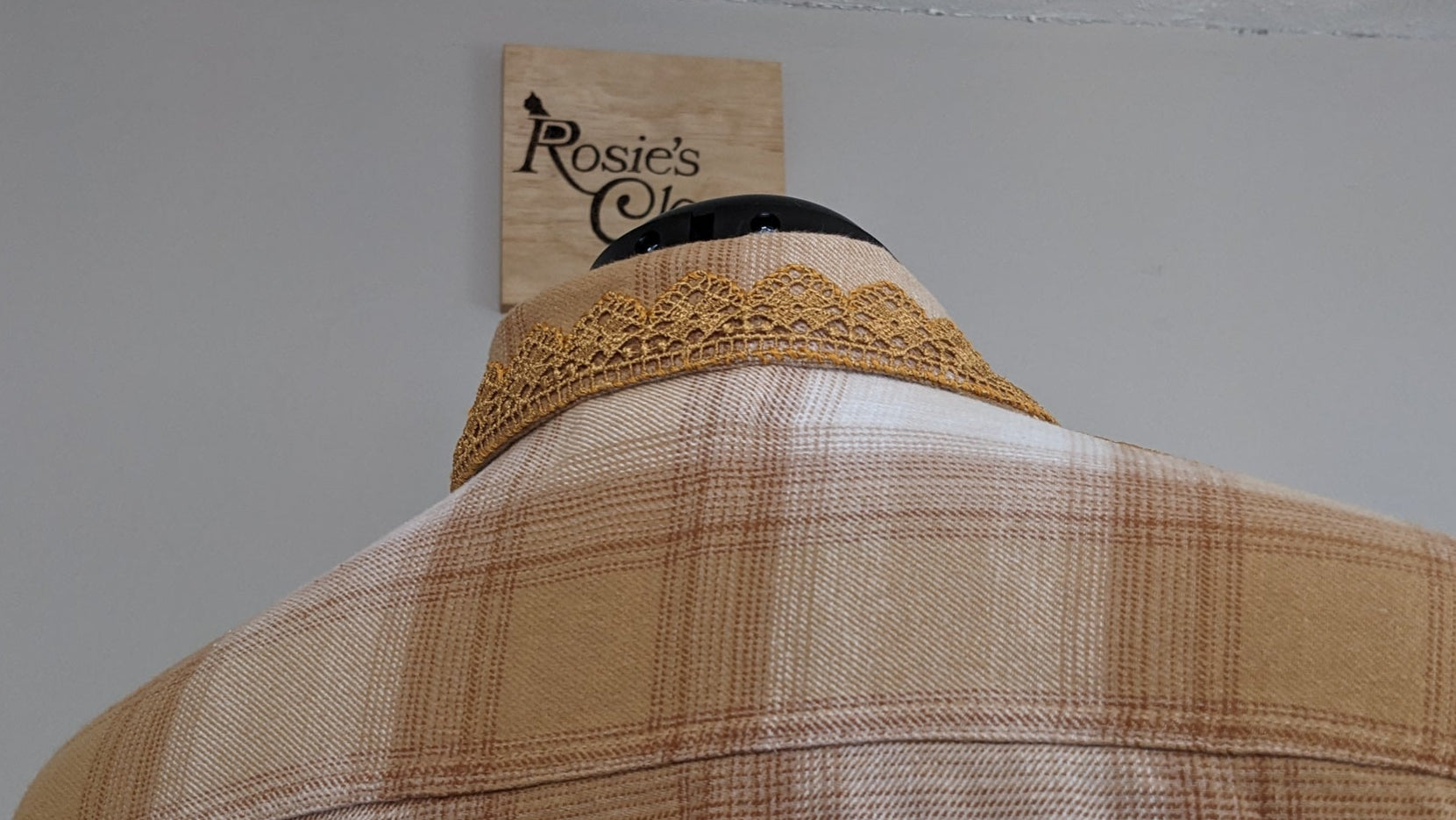 Brown and white plaid button-up shirt with gold lace and antique buttons